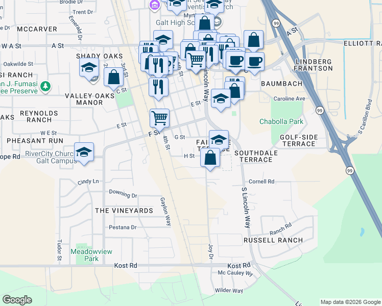 map of restaurants, bars, coffee shops, grocery stores, and more near 720 Olive Court in Galt