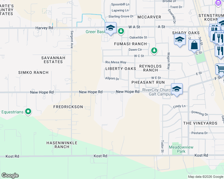 map of restaurants, bars, coffee shops, grocery stores, and more near 10068 New Hope Road in Galt