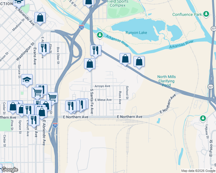 map of restaurants, bars, coffee shops, grocery stores, and more near 1120 Mahren Avenue in Pueblo