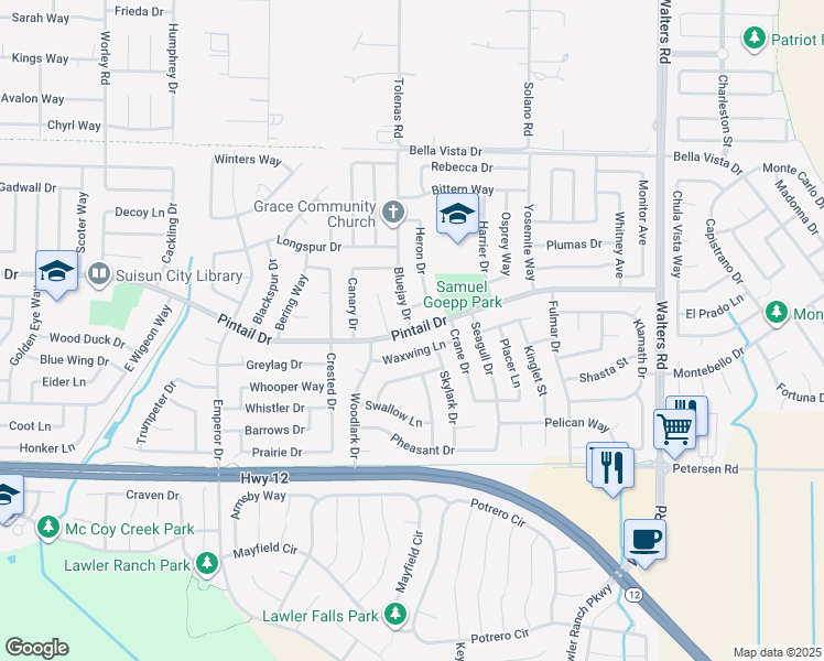 map of restaurants, bars, coffee shops, grocery stores, and more near Pintail Drive & Bluejay Drive in Suisun City