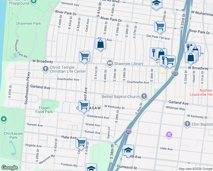 map of restaurants, bars, coffee shops, grocery stores, and more near 811 South 40th Street in Louisville