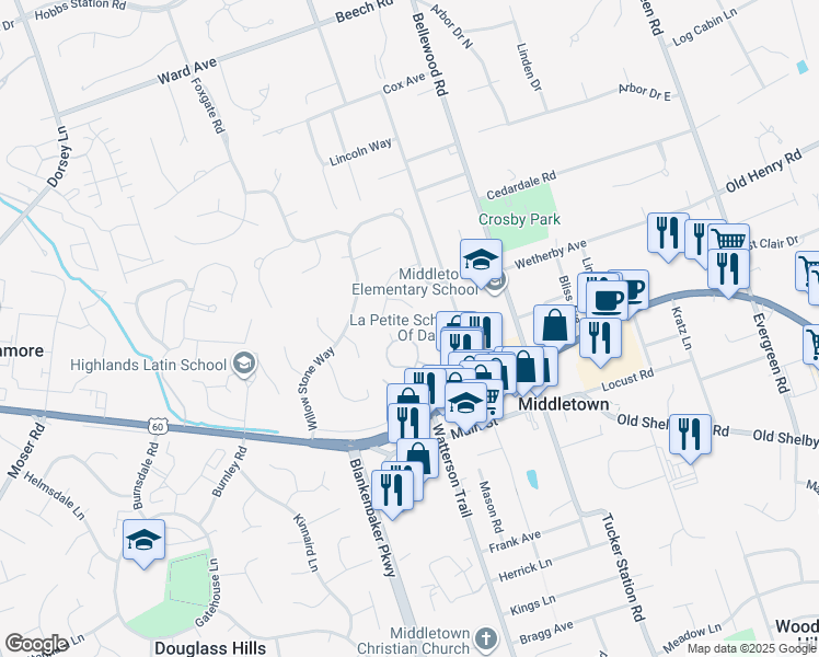 map of restaurants, bars, coffee shops, grocery stores, and more near 324 Heritage Hill Trail in Louisville