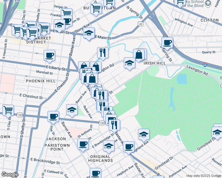 map of restaurants, bars, coffee shops, grocery stores, and more near 1212 Payne Street in Louisville