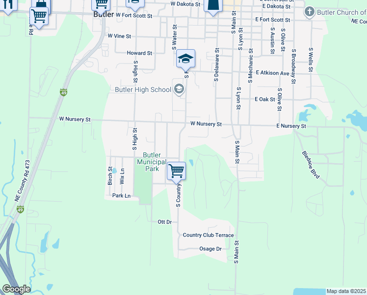 map of restaurants, bars, coffee shops, grocery stores, and more near 801 South Country Club Drive in Butler