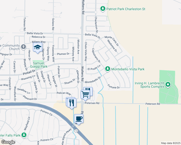 map of restaurants, bars, coffee shops, grocery stores, and more near 1510 Montebello Drive in Suisun City