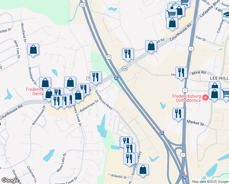 map of restaurants, bars, coffee shops, grocery stores, and more near 10715 Greta Lynn Court in Fredericksburg