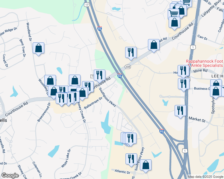 map of restaurants, bars, coffee shops, grocery stores, and more near 10619 Greta Lynn Court in Fredericksburg