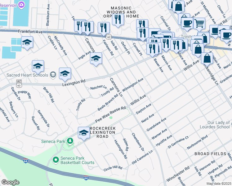 map of restaurants, bars, coffee shops, grocery stores, and more near 3248 Beals Branch Drive in Louisville