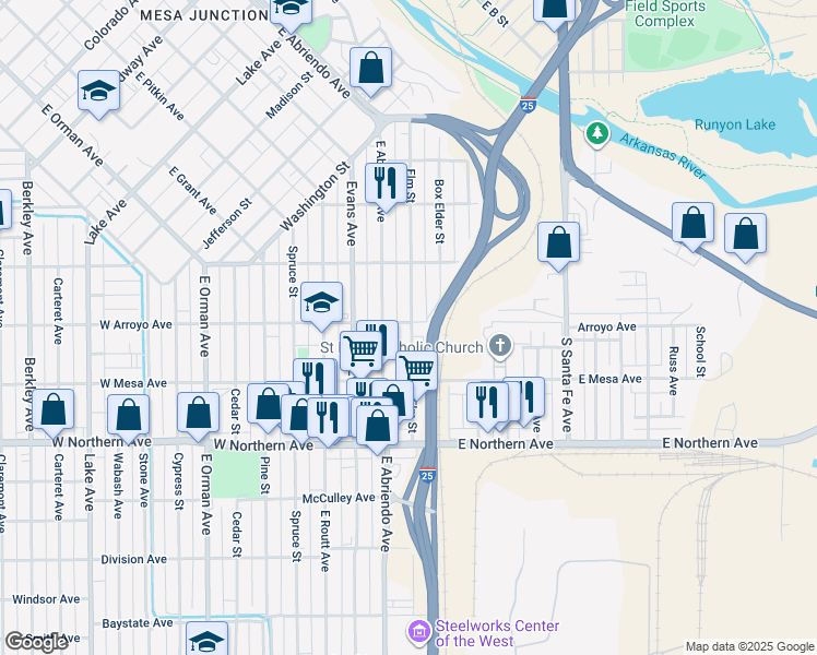 map of restaurants, bars, coffee shops, grocery stores, and more near 1125 Elm Street in Pueblo