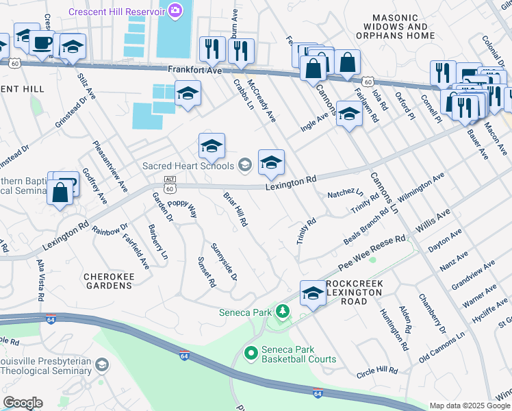 map of restaurants, bars, coffee shops, grocery stores, and more near Penwood Road in Louisville