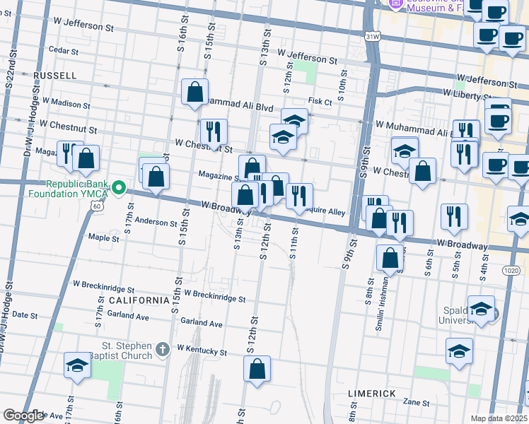 map of restaurants, bars, coffee shops, grocery stores, and more near 12 South 12th Street in Louisville