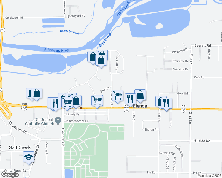 map of restaurants, bars, coffee shops, grocery stores, and more near 1001 Frontier Street in Pueblo