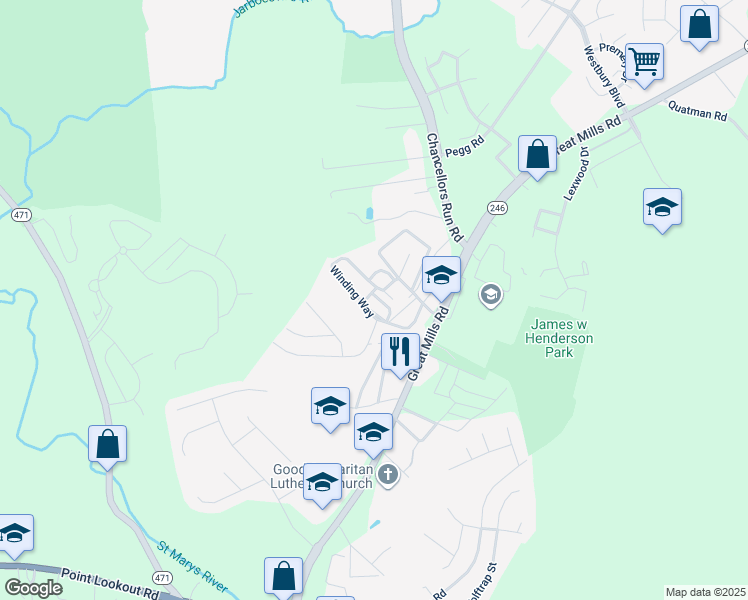 map of restaurants, bars, coffee shops, grocery stores, and more near 21165 Great Mills Road in Lexington Park