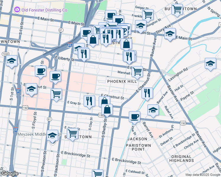 map of restaurants, bars, coffee shops, grocery stores, and more near 802 East Madison Street in Louisville