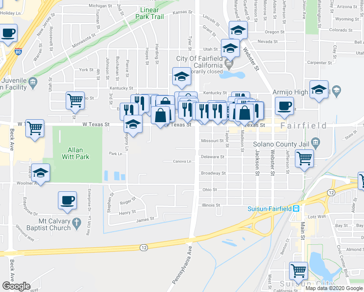map of restaurants, bars, coffee shops, grocery stores, and more near 1330 Crowley Lane in Fairfield