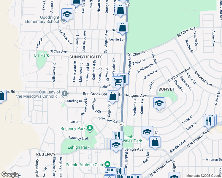 map of restaurants, bars, coffee shops, grocery stores, and more near 38 Barclay Drive in Pueblo