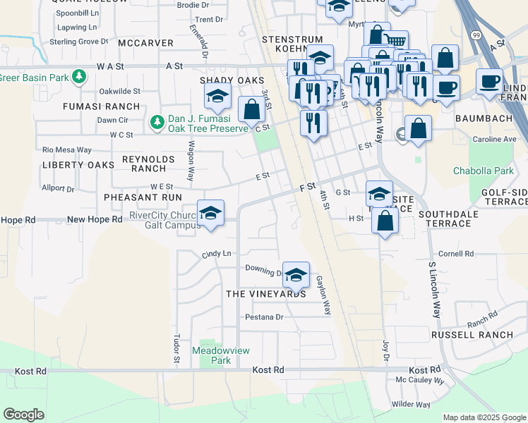 map of restaurants, bars, coffee shops, grocery stores, and more near 155 F Street in Galt