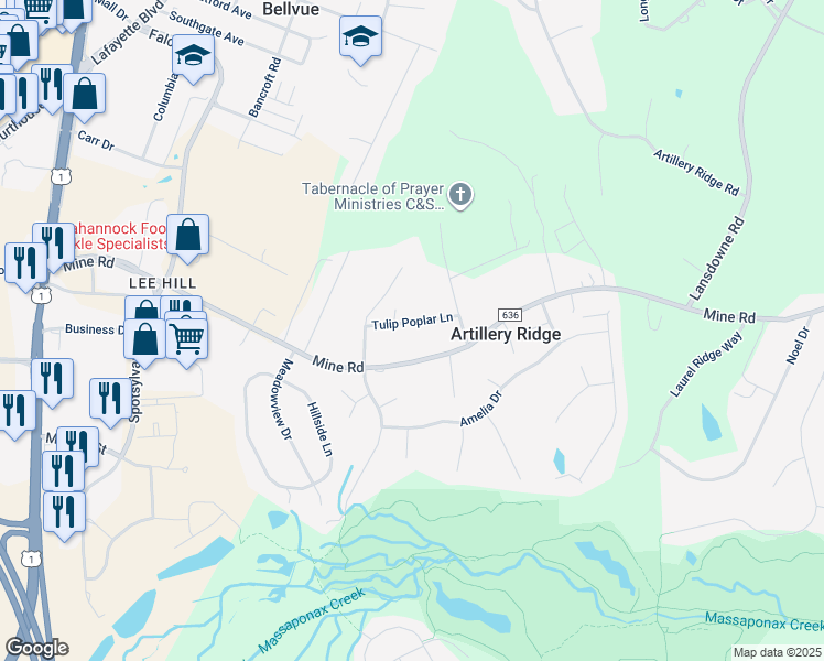 map of restaurants, bars, coffee shops, grocery stores, and more near 407 Tulip Poplar Lane in Fredericksburg