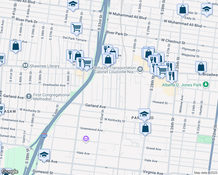 map of restaurants, bars, coffee shops, grocery stores, and more near 719 Hazel Street in Louisville