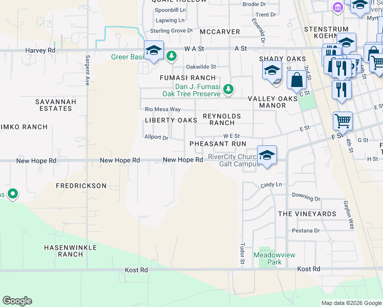 map of restaurants, bars, coffee shops, grocery stores, and more near 890 Village Run Drive in Galt
