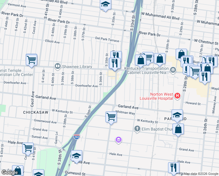 map of restaurants, bars, coffee shops, grocery stores, and more near 732 South 34th Street in Louisville