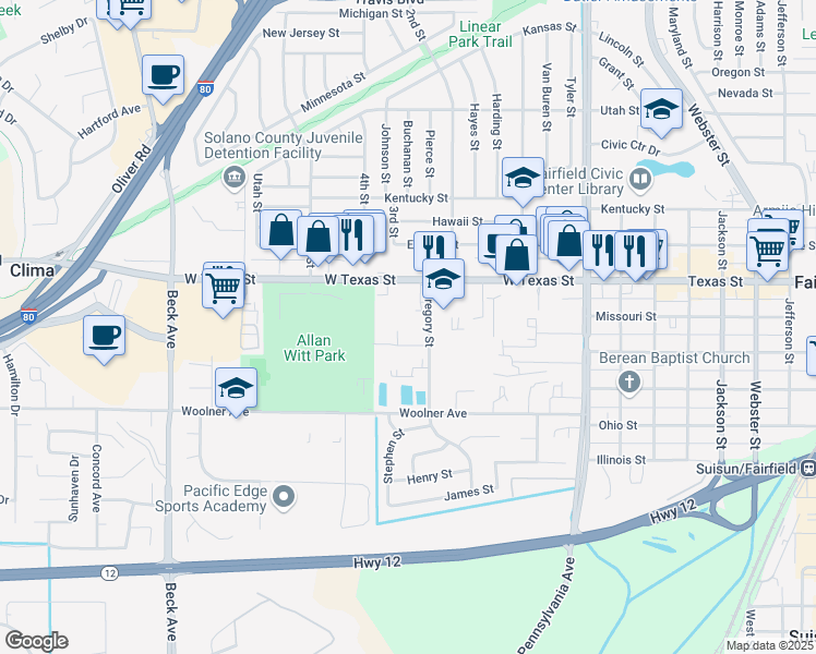 map of restaurants, bars, coffee shops, grocery stores, and more near 1620 Park Ln # 49 in Fairfield