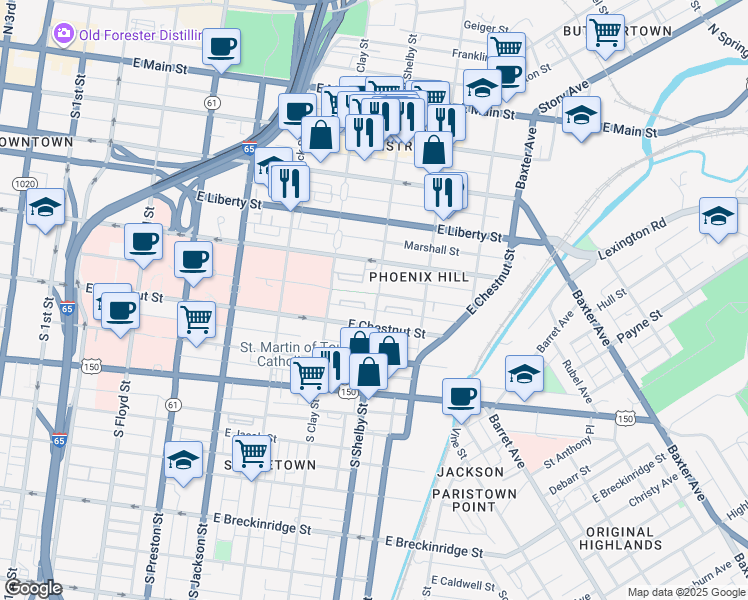 map of restaurants, bars, coffee shops, grocery stores, and more near 744 East Madison Street in Louisville