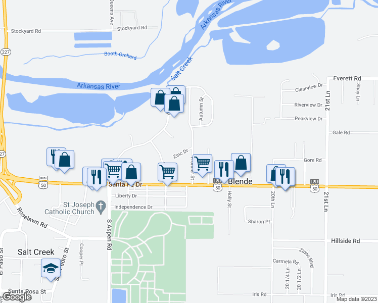 map of restaurants, bars, coffee shops, grocery stores, and more near 2055 Zinc Drive in Pueblo