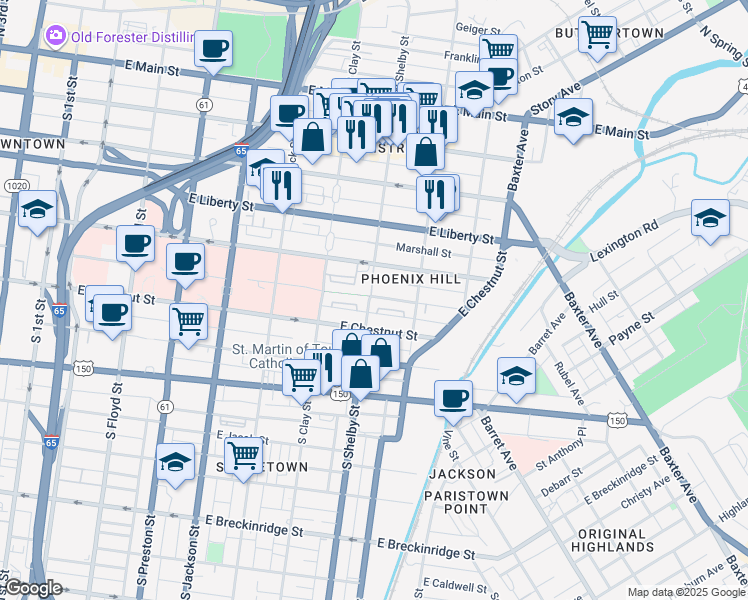 map of restaurants, bars, coffee shops, grocery stores, and more near 515 South Shelby Street in Louisville