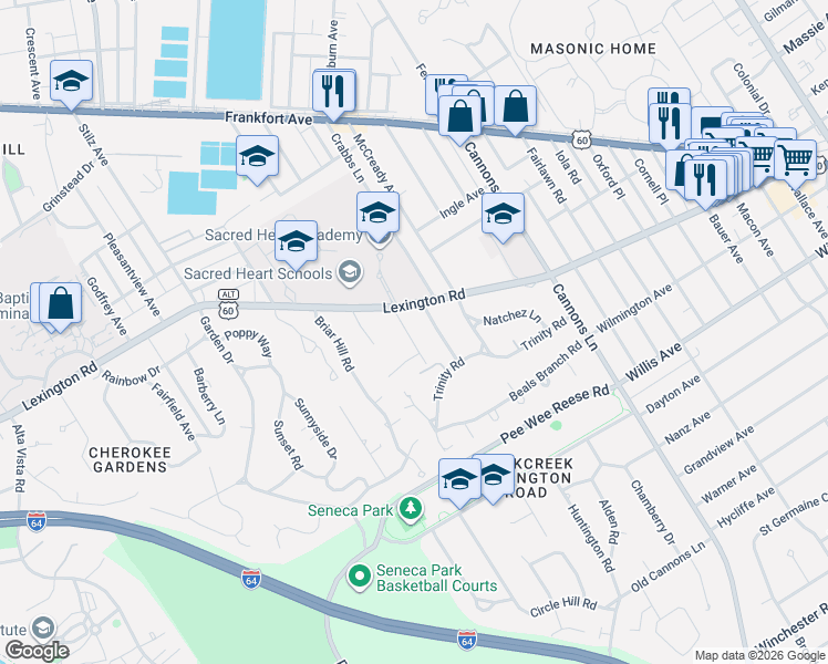 map of restaurants, bars, coffee shops, grocery stores, and more near 3228 Lexington Road in Louisville