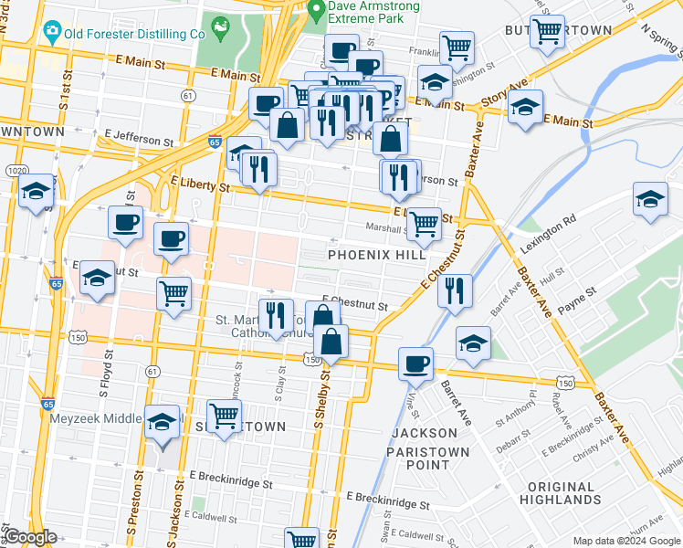 map of restaurants, bars, coffee shops, grocery stores, and more near 505 South Shelby Street in Louisville