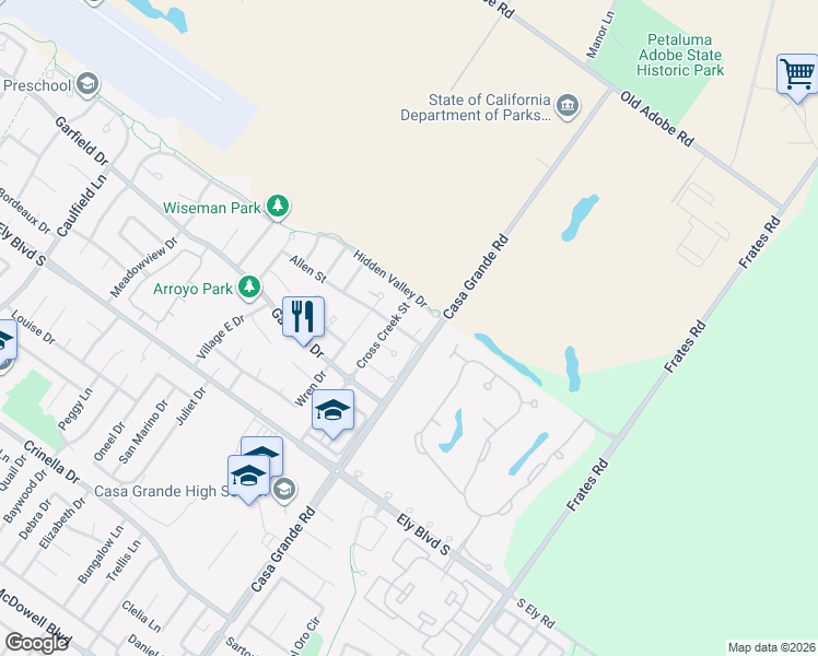 map of restaurants, bars, coffee shops, grocery stores, and more near 1047 Allen Street in Petaluma