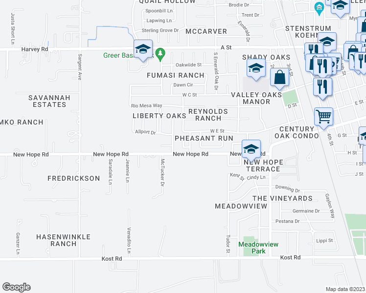 map of restaurants, bars, coffee shops, grocery stores, and more near 600 Village Run Drive in Galt