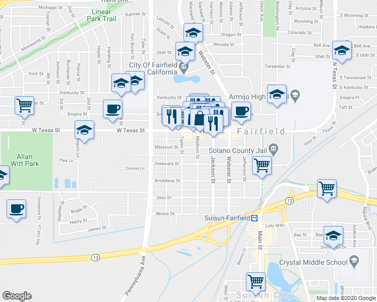 map of restaurants, bars, coffee shops, grocery stores, and more near 601 Madison Street in Fairfield