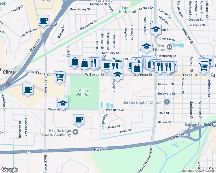 map of restaurants, bars, coffee shops, grocery stores, and more near 1605 West Texas Street in Fairfield