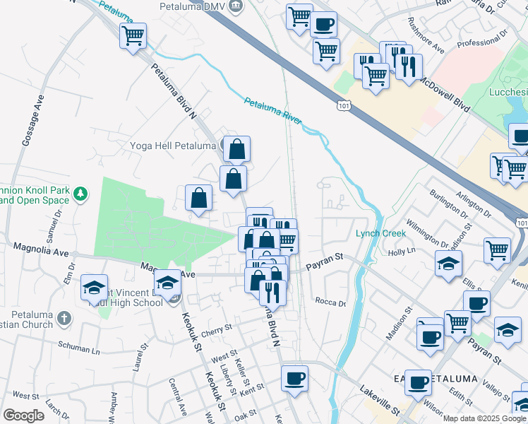 map of restaurants, bars, coffee shops, grocery stores, and more near 1240 Petaluma Boulevard North in Petaluma