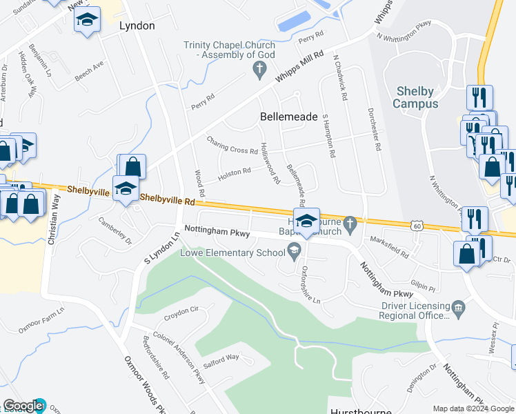 map of restaurants, bars, coffee shops, grocery stores, and more near 8605 Shelbyville Road in Hurstbourne