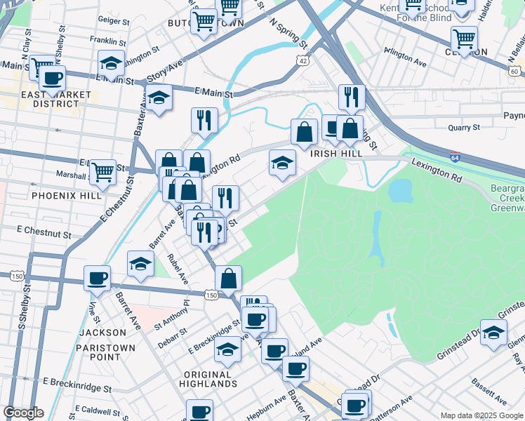 map of restaurants, bars, coffee shops, grocery stores, and more near 1319 Payne Street in Louisville