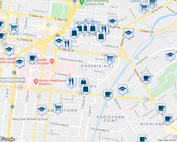 map of restaurants, bars, coffee shops, grocery stores, and more near 515 South Shelby Street in Louisville