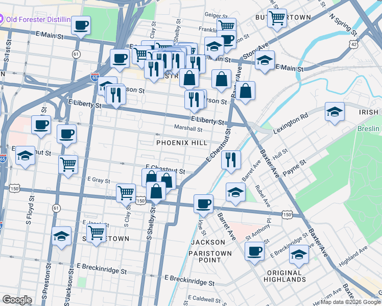 map of restaurants, bars, coffee shops, grocery stores, and more near in Louisville