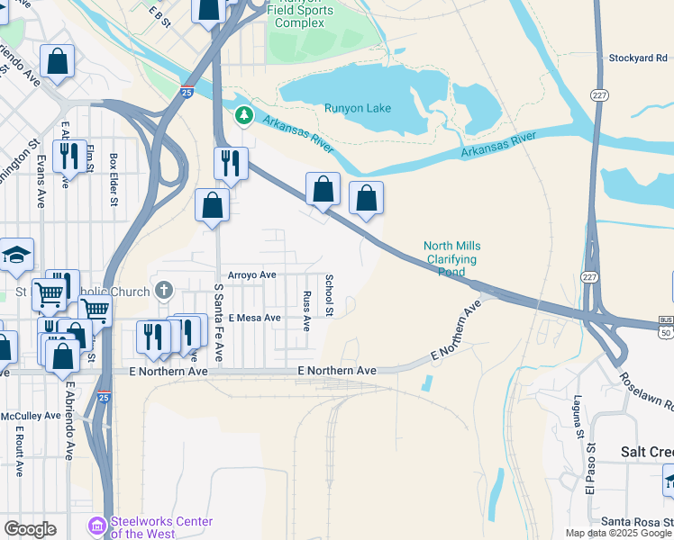 map of restaurants, bars, coffee shops, grocery stores, and more near 1010 School Street in Pueblo