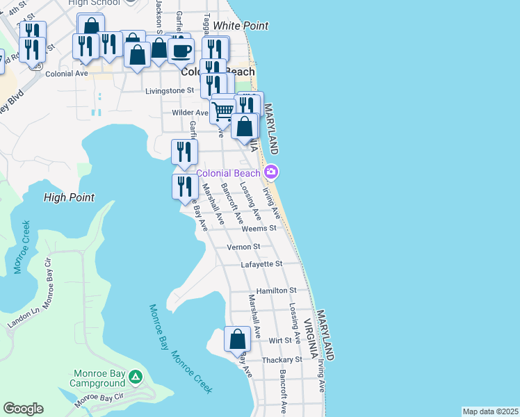 map of restaurants, bars, coffee shops, grocery stores, and more near 21 Madison Street in Colonial Beach