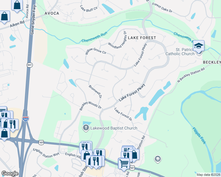 map of restaurants, bars, coffee shops, grocery stores, and more near 514 Oak Branch Road in Louisville