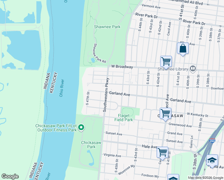 map of restaurants, bars, coffee shops, grocery stores, and more near 4522 Brewster Avenue in Louisville