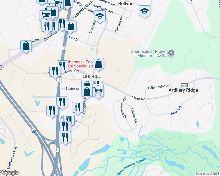 map of restaurants, bars, coffee shops, grocery stores, and more near 4528 Mine Road in Fredericksburg