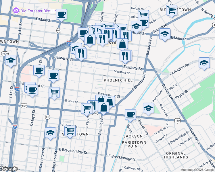 map of restaurants, bars, coffee shops, grocery stores, and more near 515 South Shelby Street in Louisville