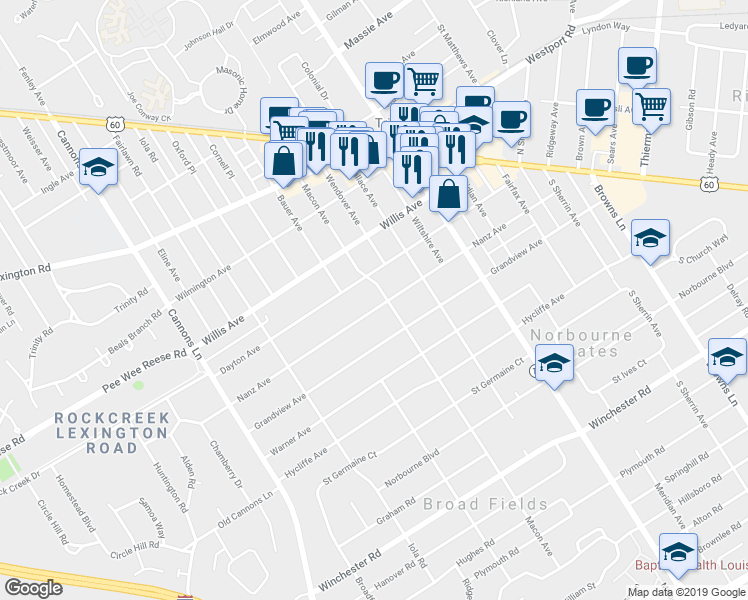 map of restaurants, bars, coffee shops, grocery stores, and more near 3545 Nanz Avenue in Louisville