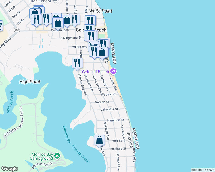 map of restaurants, bars, coffee shops, grocery stores, and more near 21 Madison Street in Colonial Beach