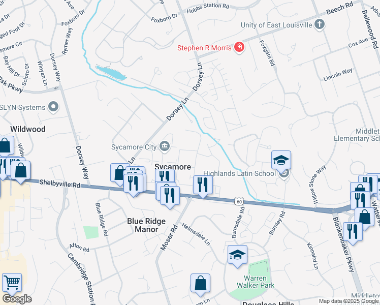 map of restaurants, bars, coffee shops, grocery stores, and more near 1103 La Fontenay Court in Louisville