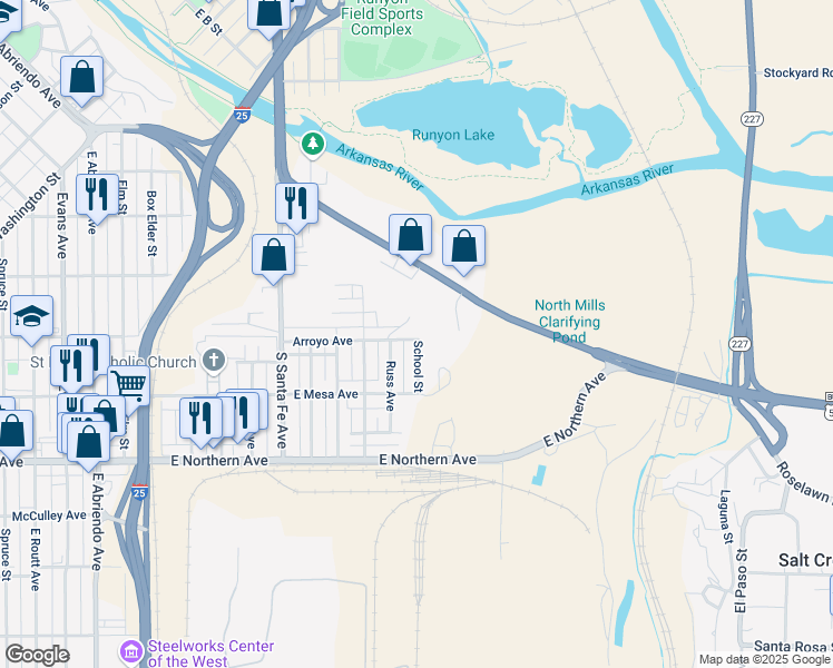 map of restaurants, bars, coffee shops, grocery stores, and more near 1010 School Street in Pueblo